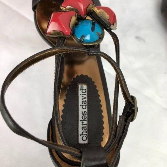 Charles David Beaded Brown Leather Sandals 7B - Picture 6 of 11
